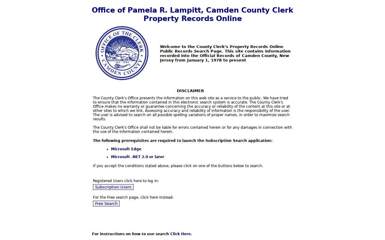 Camden residents directory County Clerk deed index