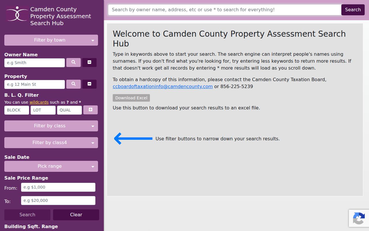 Camden residents directory property assessment search fields